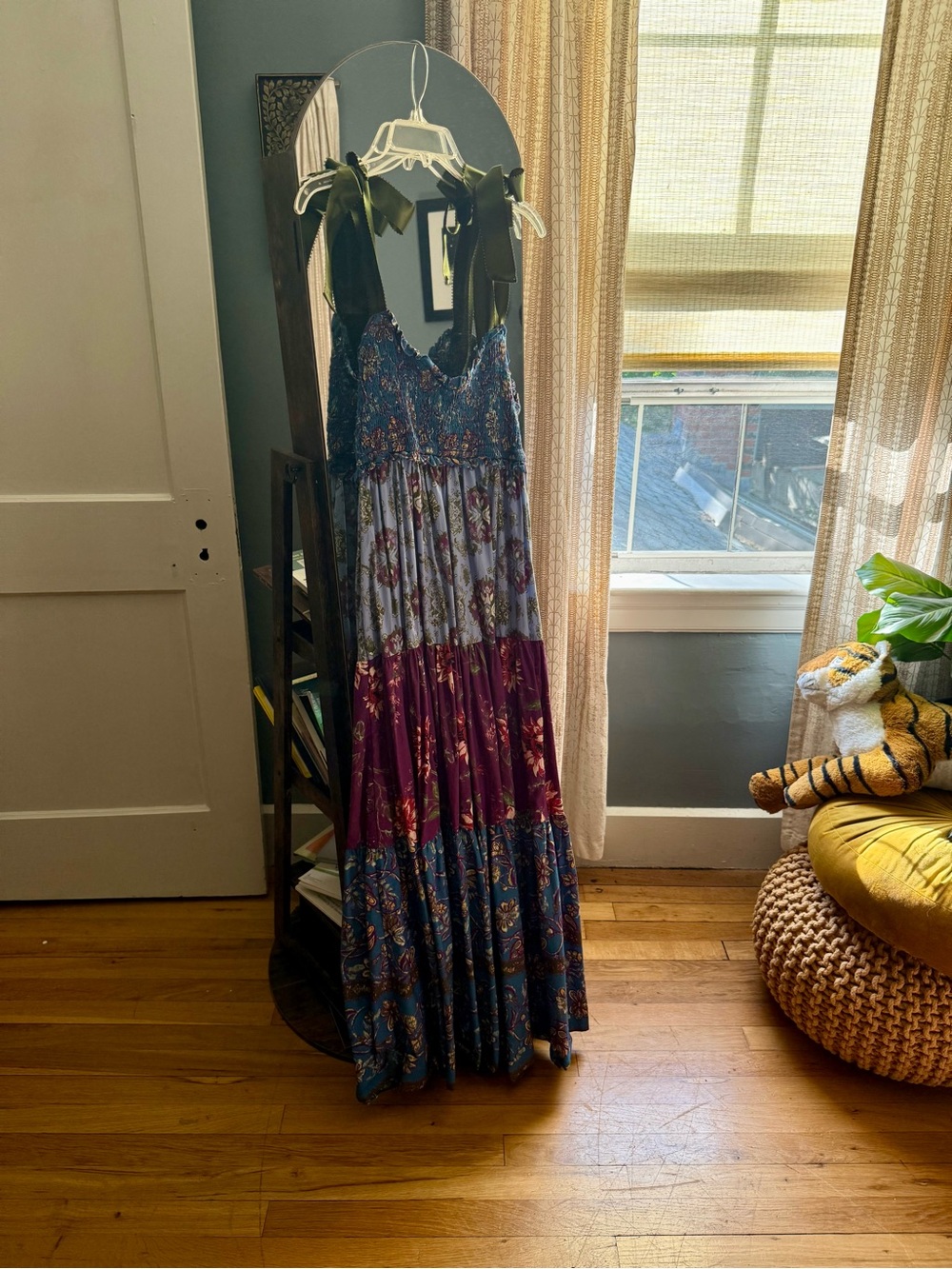 Free People Blue Floral Maxi Dress with Hunter green bow straps - Picture 2 of 3